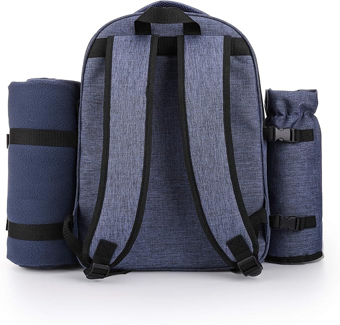 Apollo Walker Picnic Backpack Bag for 2 Person with Cooler Compartment, Detachable Bottle/Wine Holder, Fleece Blanket, Plates and Cutlery Set (2 Person, Navy)-PawvioPets