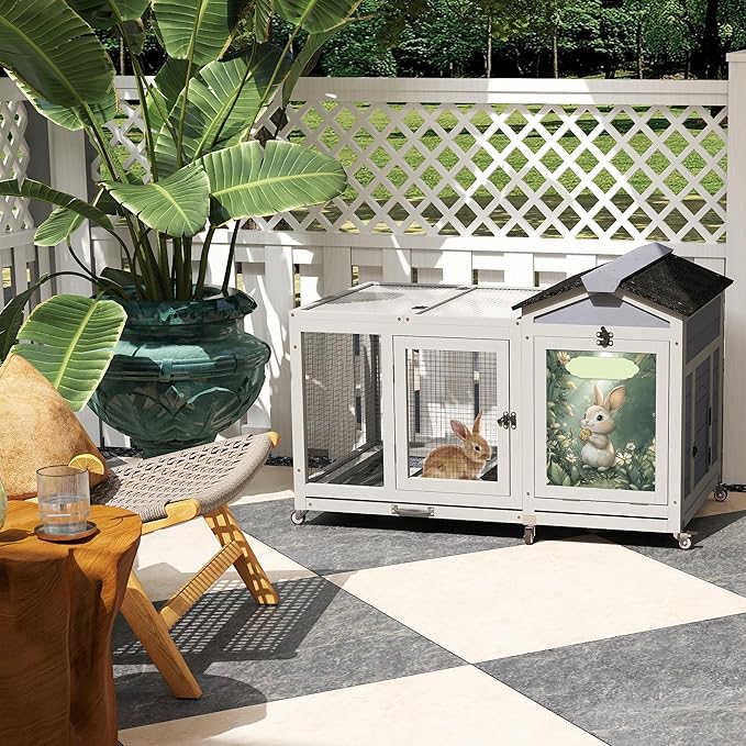 COZIWOW 39inches Assembled Wood Rabbit Hutch Indoor,Wide Space Small Animal Houses with Removable Tray&Safety Lock,Bunny Cage with Waterproof Roof&Solar Panels (Grey with Pattern)-PawvioPets