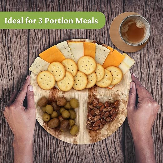 Dtocs 3 Compartment Plates (50 Pc) Palm Leaf 10 Inch Round Portion Control Buffet Sectional Plate | Bamboo Plates Disposable Like Compostable Camping Dinnerware Stronger than Divided Paper, Styrofoam-PawvioPets