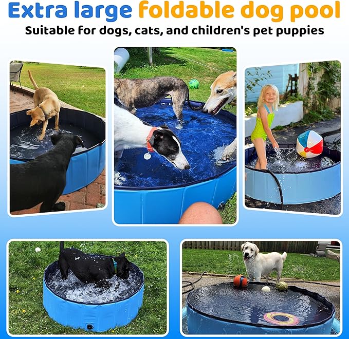 Foldable Dog Pool, 32" x 8" Kiddie Pool with Hard Plastic, Non-Slip Dog Bath Tub for Outdoor Backyard, Collapsible Dog Swimming Pool for Kids Dogs Pets (Blue)-PawvioPets