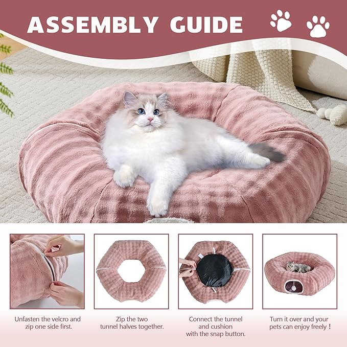 Bubble Cat Tunnel for Indoor Cats, Round Peekaboo Cave Toy with Dangling Balls, Donut Tunnel Bed with Circle Mat for Puppy Kitten Rabbit, Dusty Pink-PawvioPets