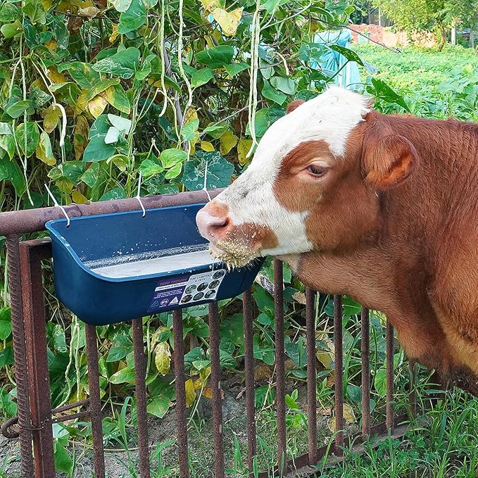 Goovilla Large Feed Trough, Hanging or Screw-in Fence Feeder with Clips, 2 Pack 9 Quart Goat Feeder Supplies, Dog Horse Hog Pig Livestock Poultry Plastic Feeder Trough Bucket for Large Animal, Blue-PawvioPets