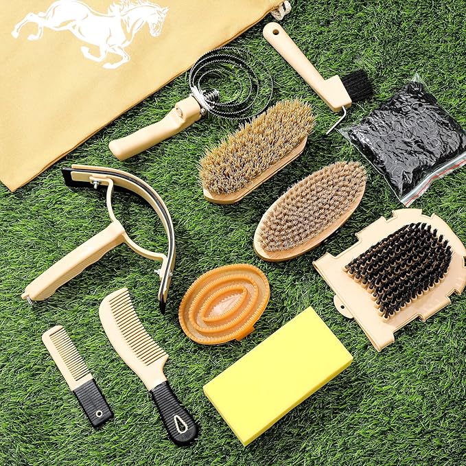 Abbylike 12 Pieces Horse Grooming Kit Racing Festival Tack Room Supplies Horse Brush Sets Equine Care Cleaning Kit Shedding Grooming Massaging Tools(Khaki)-PawvioPets