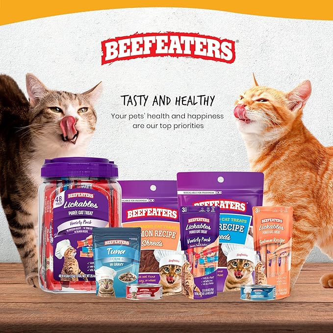 Beefeaters Cat Treats Variety Pack Lickable Puree 48ct – Salmon, Tuna & Chicken, Grain-Free, Taurine-Enriched, Ideal for Training & Interactive Feeding-PawvioPets