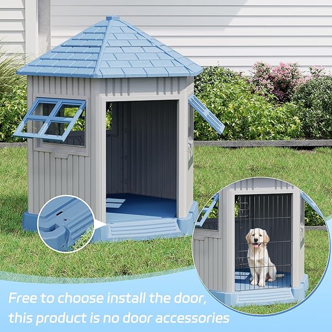 Durable Dog House Indoor Outdoor for Small Medium Dogs, Weatherproof Puppy Shelter with Elevated Floor & Air Vents, Easy Clean and Assemble (Blue, 36.61L*29.5W*37.4H)-PawvioPets