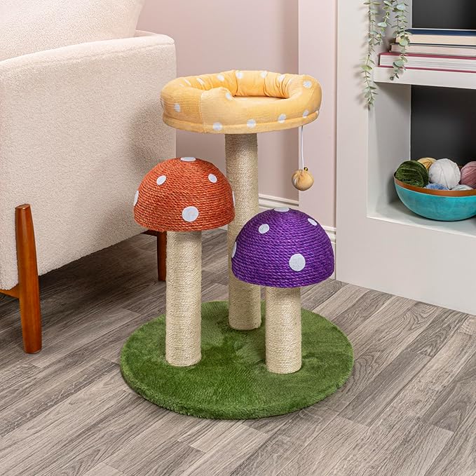 CTR1001A Pixie 22.5" 3-Tier Cottage Sisal Mushroom Cat Tree with Scratching Posts, Napping Perch, and Dangling Bell Toy, Multi-PawvioPets