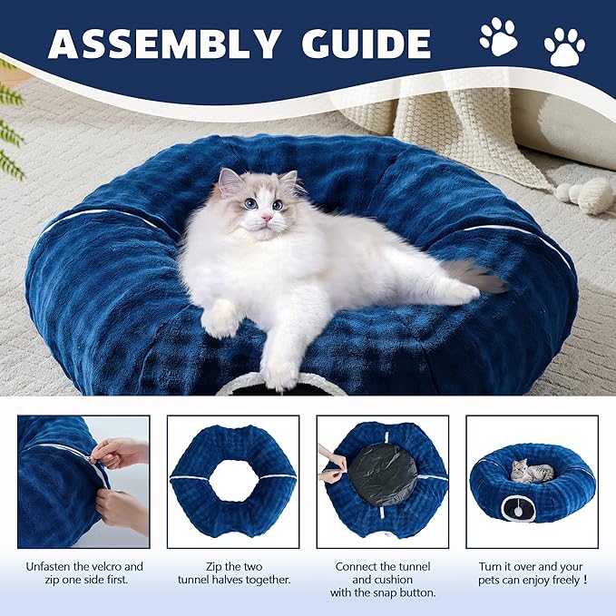 Bubble Cat Tunnel for Indoor Cats, Round Peekaboo Cave Toy with Dangling Balls, Donut Tunnel Bed with Circle Mat for Puppy Kitten Rabbit, Navy Blue-PawvioPets