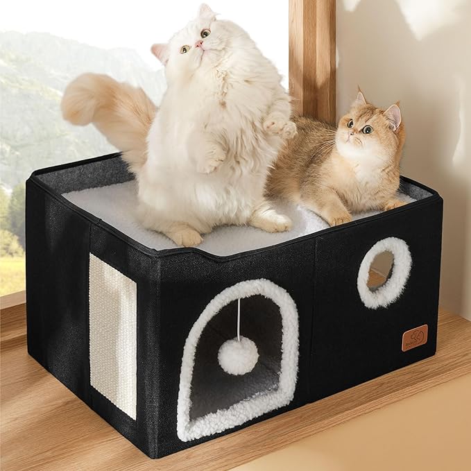 Bedsure Large Cat Beds for Indoor Cats - Extra Wide Cat Cube House for Small Pet with Fluffy Ball Hanging and Scratch Pad, Foldable Pet Cave Hideaway for Multiple Cats, 23.6x16.9x13 inches, Black-PawvioPets