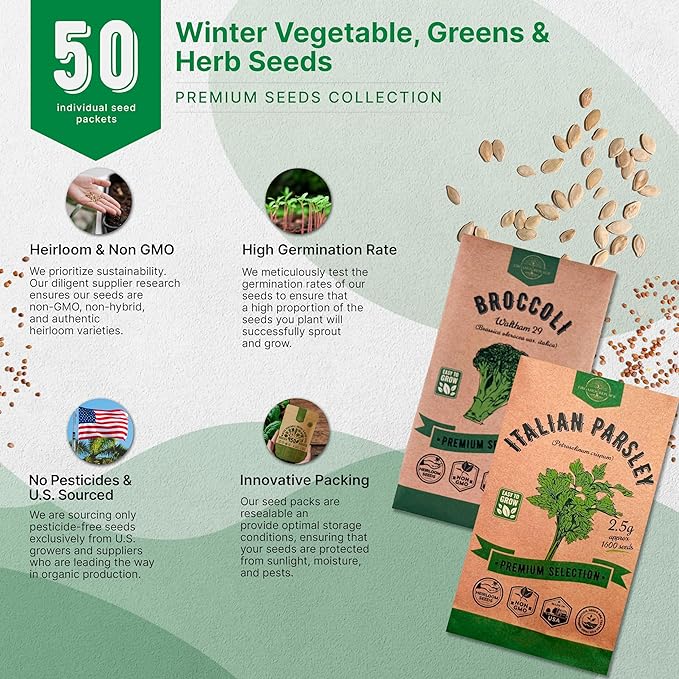 50 Winter Vegetable Garden Seeds Variety Pack - 43,450+ Non-GMO Heirloom Seeds for Outdoors & Indoor Home Gardening, Including Kohlrabi, Lettuce, Radish, Onion, Choy, Spinach, Cauliflower, Collards-PawvioPets