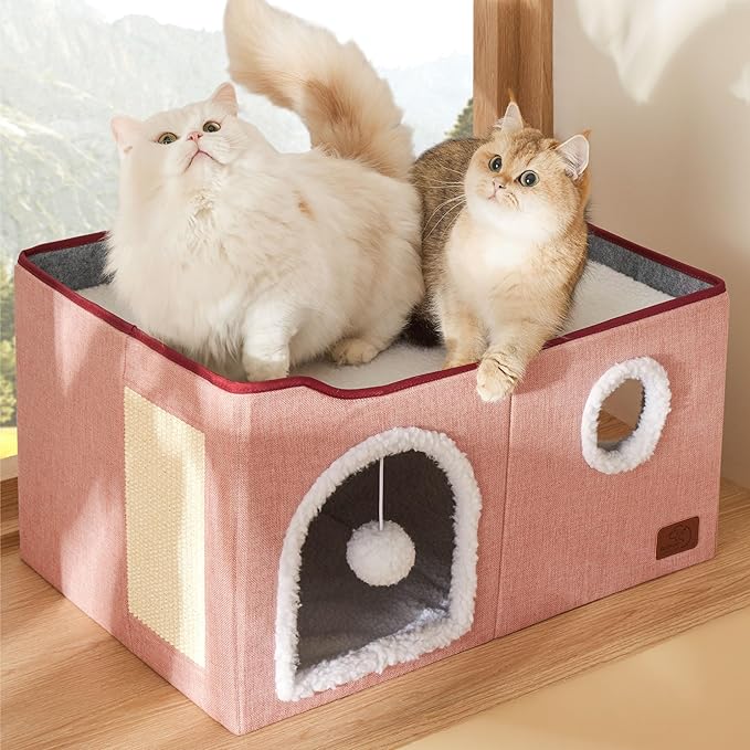 Bedsure Large Cat Beds for Indoor Cats - Extra Wide Cat Cube House for Small Pet with Fluffy Ball Hanging and Scratch Pad, Foldable Pet Cave Hideaway for Multiple Cats, 23.6x16.9x13 inches,Pink-PawvioPets