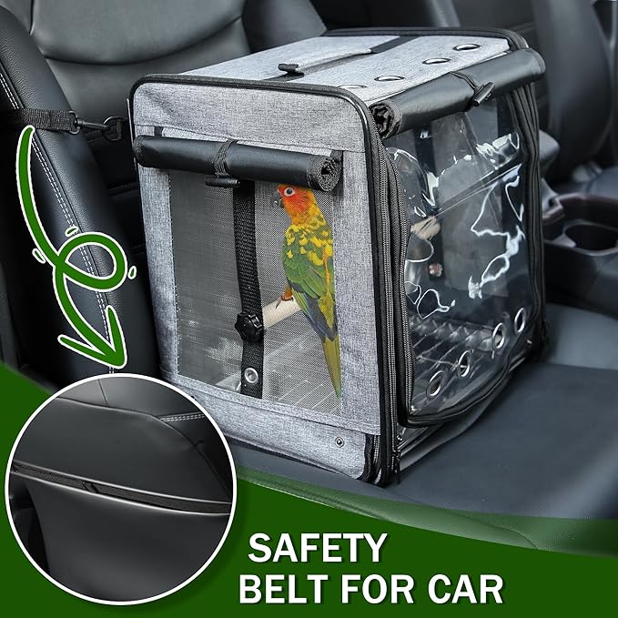 Suertree Bird Carrier with Seat Belt for Car Travel, Bird Backpack Carrier with Indestructible Stainless Steel Mesh, Large Bird Carrier Travel Cage, Grey-PawvioPets