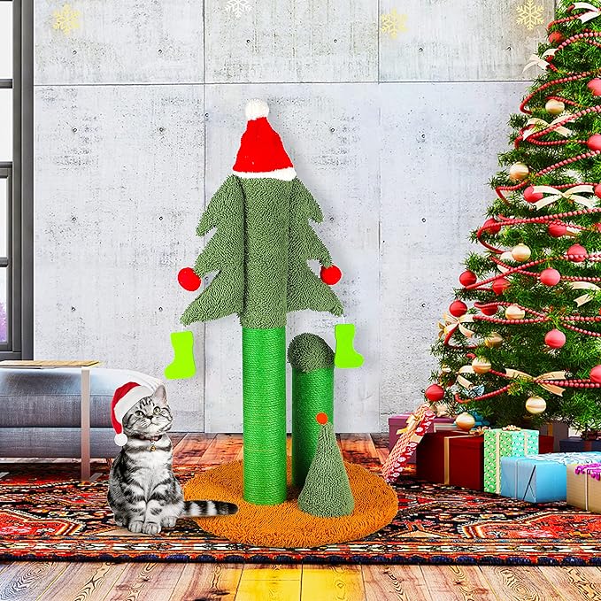 32” Cat Scratching Post, Tall Christmas Tree Cat Scratcher with 3 Posts and Cute Dangling Teaser Balls, Natural Sisal Rope Cat Toys for Kitty and Adult Cats-PawvioPets