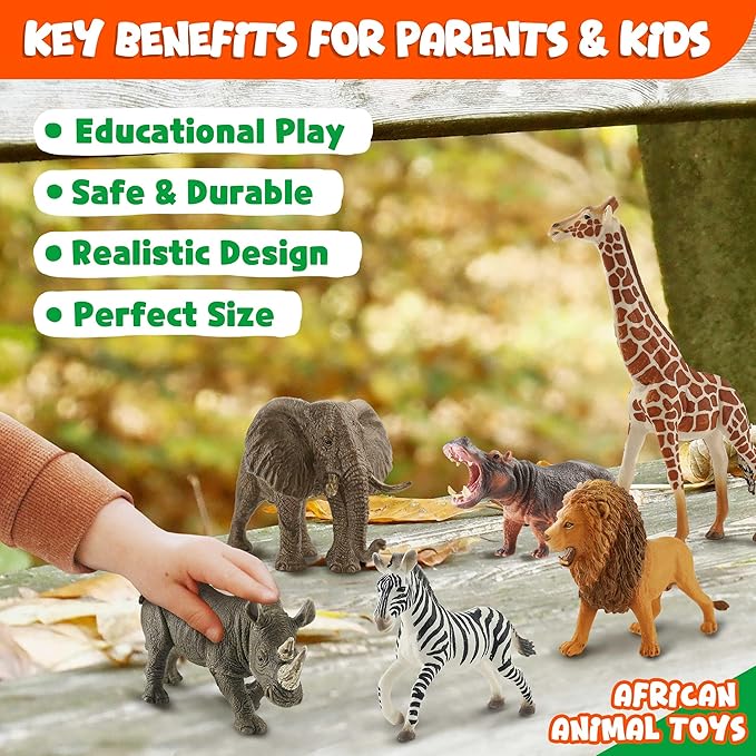6PCS Safari Animal Figure Toys for Kids 3-5 Realistic Plastic Jungle Animal Figurines African Wildlife Learning Toys for Kids Boys Girls Toddlers-PawvioPets