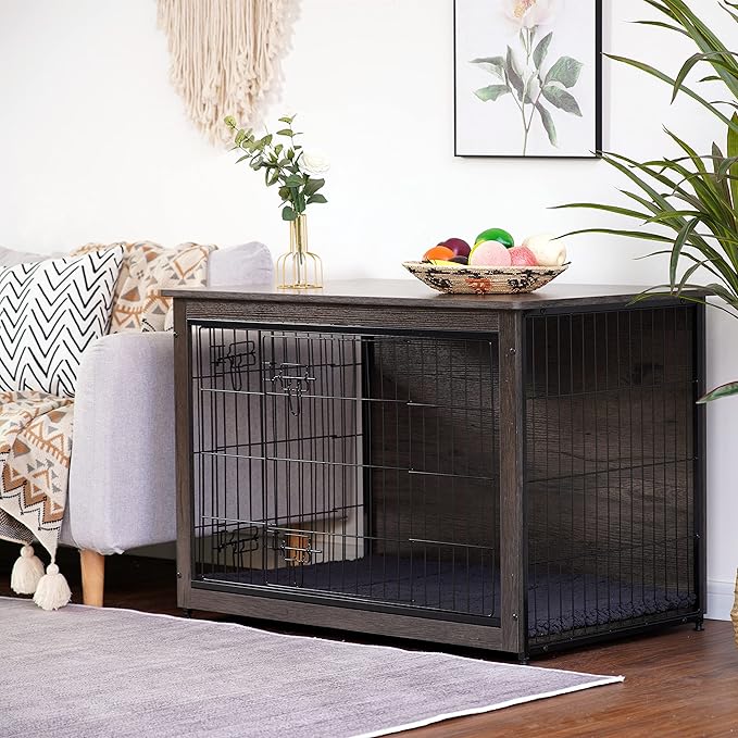 DWANTON Dog Crate Furniture with Cushion, Wooden Kennel Table with Double Doors, Indoor Dog House, Large Size, 38.5" L, Dark Gray-PawvioPets