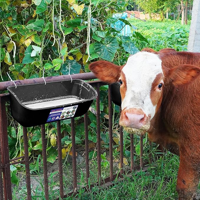 Goovilla Large Feed Trough, Hanging or Screw-in Fence Feeder with Clips, 2 Pack 9 Quart Goat Feeder Supplies, Dog Horse Hog Pig Livestock Poultry Plastic Feeder Trough Bucket for Large Animal, Black-PawvioPets