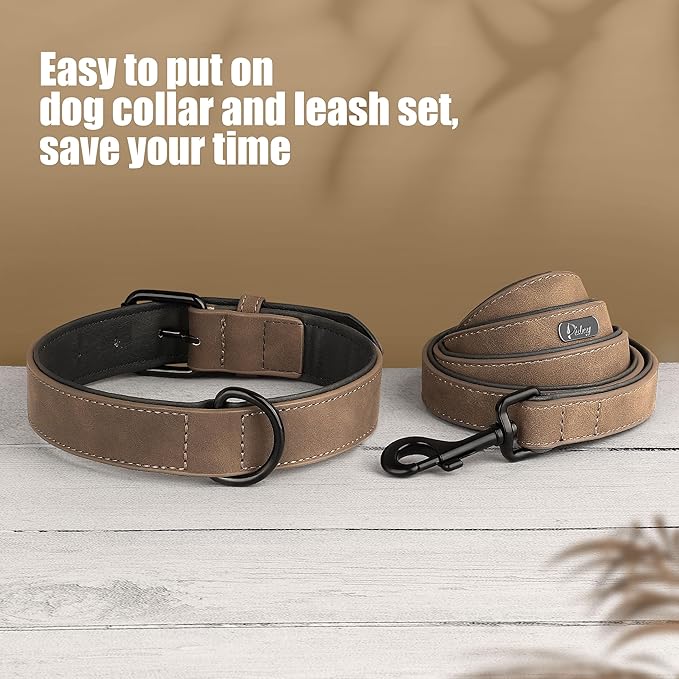 Didog Soft Padded Leather Dog Collar and Leash Set, Adjustable Dog Leash and Collar Set with Metal Buckle, Breathable Dog Collars with 4FT Leather Dog Leash for Small Medium Large Dogs, Brown, M-PawvioPets