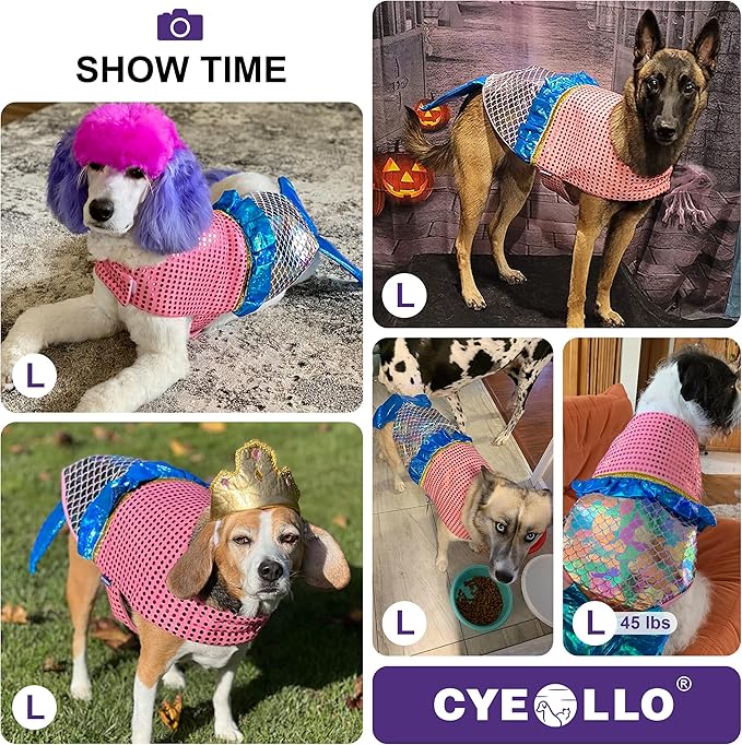 cyeollo Mermaid Dog Halloween Costumes Cute Dog Costume Sequin Birthday Party Pet Clothes Outfit Dressing Up Pet Costumes for Medium Dogs Size L-PawvioPets