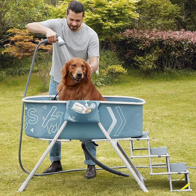 Big Dipper Dog Bath Tub with Stairs, Elevated Portable Foldable Wash Station with Steps for Bathing, Shower and Grooming, Indoor, Outdoor, for Medium to Large Size Dogs-PawvioPets