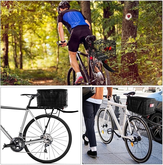 Aodaer Rear Bike Rack with Basket Quick Release Bike Rear Rack Heavy Duty Folding Bike Basket with Waterproof Bag & Cargo Net & Installation Tool-PawvioPets