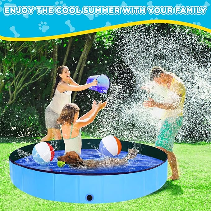 Foldable Dog Pool - 63" x 12" Anti-Slip Portable Dog Swimming Pool, Hard Plastic Collapsible Kiddie Pool for Outdoor and Indoor for Pets Dogs Cats and Kids-PawvioPets