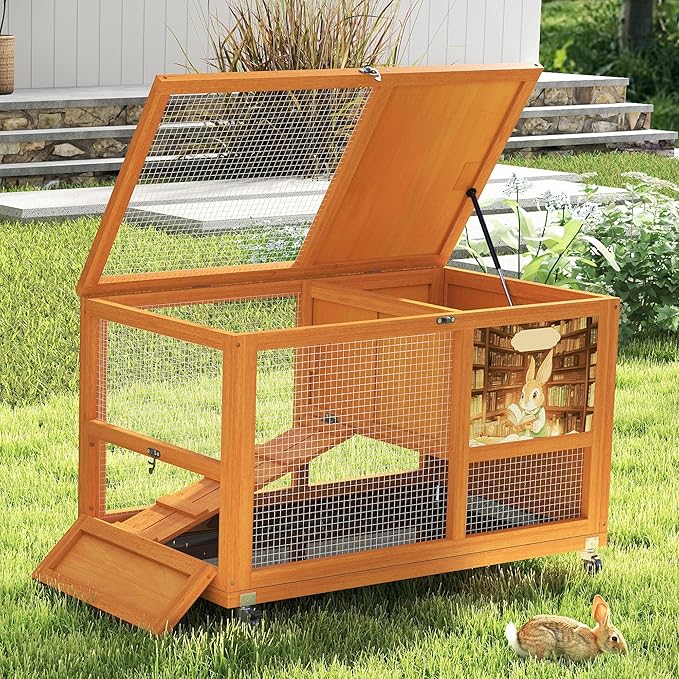 COZIWOW Wooden 36Inches Rabbit Hutch Indoor with Wheels Bunny Cage Outdoor Rabbit Cage with Clean Tray, Openable Roof, Anti-Slip Ramp for Small Bunny (Orange with Pattern)-PawvioPets