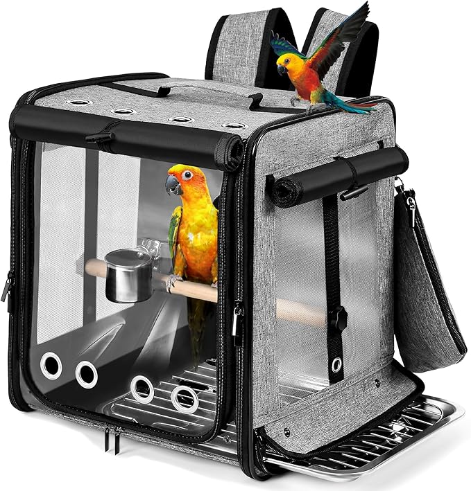 Suertree Bird Carrier with Seat Belt for Car Travel, Bird Backpack Carrier with Indestructible Stainless Steel Mesh, Large Bird Carrier Travel Cage, Grey-PawvioPets