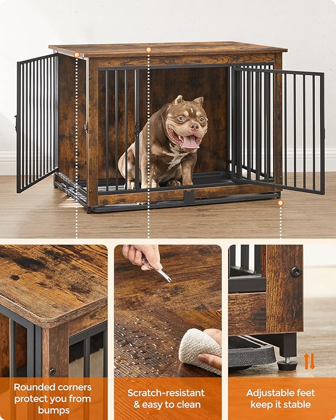 Feandrea Dog Crate Furniture, 38 Inches Dog Kennel for Dogs up to 70 lb, with Removable Tray, Heavy-Duty Dog Cage End Table, Double Doors Dog House, Rustic Brown UPFC013X01-PawvioPets