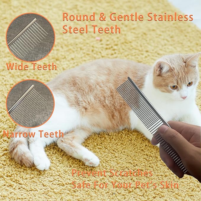 Cat Grooming Brush Kit 6 Tools - Deshedding & Dematting for Long/Short Hair, Self-Cleaning Slicker Brush with 6-in-1 Flea Comb for Cats & Kittens (Orange)-PawvioPets