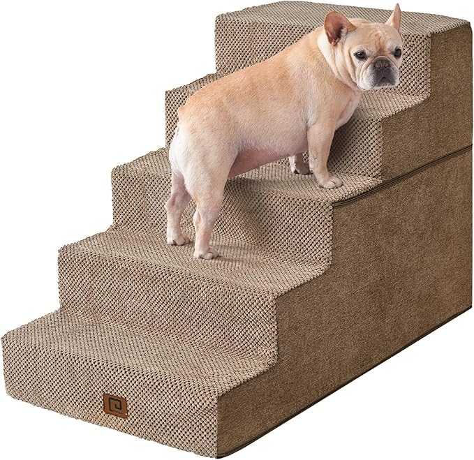 EHEYCIGA Dog Stairs for High Bed 25" H, 5-Step Extra Wide Dog Steps for Bed, Pet Steps for Small Dogs and Cats, Non-Slip Balanced Pet Ramp Indoor, Camel-PawvioPets