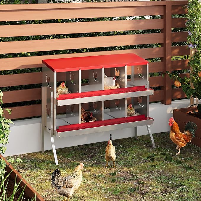 8 Hole Chicken Nesting Box with Roll Out Egg Tray, Rustproof & Ventilated Chicken Laying Boxes for Hens, Chickens, Ducks | Easy-Clean Poultry Coop Accessories, Red with Stand-PawvioPets