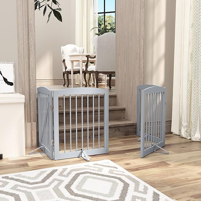Freestanding Pet Gate for Dogs, Foldable Wooden Dog Gate for House, Indoor Pet Barrier for Stairs, Doorways, Support Feet Included, 24" Height 2 Panels, Grey-PawvioPets