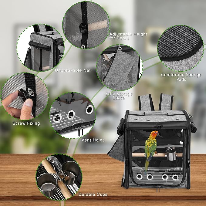 Suertree Bird Carrier with Seat Belt for Car Travel, Bird Backpack Carrier with Indestructible Stainless Steel Mesh, Large Bird Carrier Travel Cage, Grey-PawvioPets
