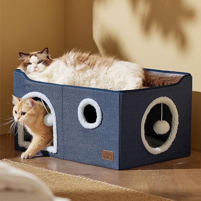 Bedsure Large Cat Beds for Indoor Cats - Extra Wide Cat Cube House for Small Pet with Fluffy Ball Hanging and Scratch Pad, Foldable Pet Cave Hideaway for Multiple Cats, 23.6x16.9x13 inches, Blue-PawvioPets