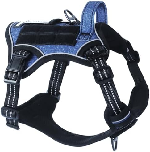 BUMBIN Tactical Dog Harness for Small Dogs No Pull, Famous TIK Tok No Pull Puppy Harness, Fit Smart Reflective Pet Walking Harness for Training, Adjustable Dog Vest Harness with Handle Denim Blue XS-PawvioPets