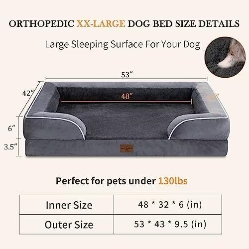 Comfort Expression Dog Beds Memory Foam, XXL Orthopedic Waterproof Dogs Beds, Giant Washable Dog Beds with Bolster & Removable Cover(XX-Large,Leaden Grey)-PawvioPets