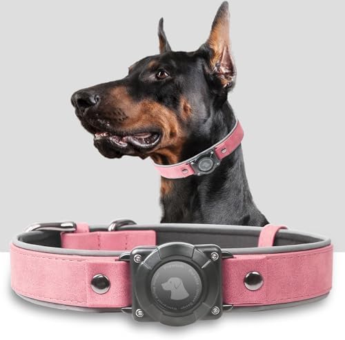 AirTag Dog Collar - Leather Dog Collar with Air Tag Holder | IPX8 Waterproof, Reflective, High - End, Adjustable Soft Padded | Dog GPS Tracker Collars Fit for Medium Large Dogs (Rose, XL)-PawvioPets