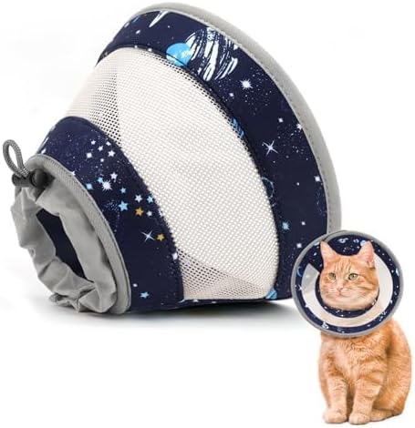 Breathable Air Mesh Cat Cone Collar Soft - Adjustable Recovery Collar to Stop Licking After Surgery, Foldable Lightweight E-Collar for Cats & Kittens (Sky Star, S)-PawvioPets