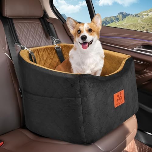 Dog Car Seat for Small Medium Dogs, Memory Foam Booster Car Seat for Dogs up to 35 lbs, Elevated Pet Car Seat, Travel Bed with Washable Removable Cover and Storage Pockets (Black/Coffee)-PawvioPets