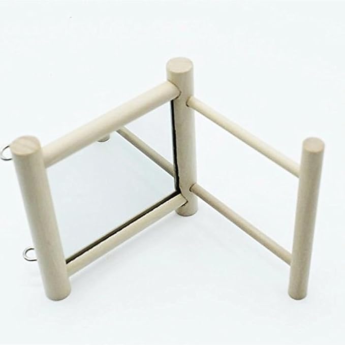 Bird Mirror with Swing and Perch for Parakeets Cockatiels Lovebirds Finches - Wooden Interactive Hanging Cage Toy, 3.7 x 3.5 x 3.5 Inch, 1 Pack-PawvioPets