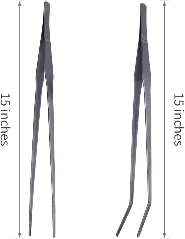 Extra Long Handle Aquarium Tweezers Serving Tongs Feed clamp,2 Pack Stainless Steel Straight and Curved Tweezers Set for Fish Tank Plants Reptile Feeding Tongs（15 Inchs）-PawvioPets