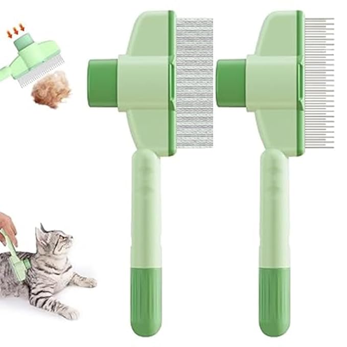 Cat Comb Dog Comb Pet Hair Removal Tool Flea for Cats and Dog Lice Cat Brush with Release Button Self-Cleaning with Long & Short Stainless Steel Metal Teeth for Shedding-PawvioPets