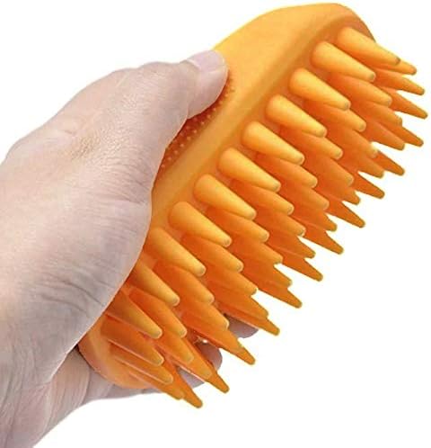Dog Cat Pet Grooming Brush - Silicone Massage Brush for Deshedding and Bathing, Anti-Slip Rubber Shampoo Brush for Long & Short Hair Dogs and Cats (Orange)-PawvioPets