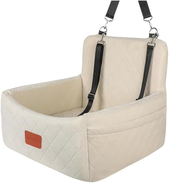 Dog Car Seat for Under 30lbs Dogs,Comfy Febric Fill in Memory Foam,Washable and Detachable Pet Travel Car Bed,Anti-Slip Bottom,2 Safety Leashes & Storage Pockets(Beige)-PawvioPets