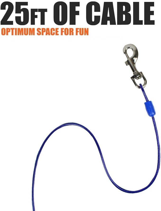 BV Dog Tie Out Cable 25 Feet - Heavy Duty Dog Lead Up to 60 Pounds - Reflective & Rust-Free with Quick Release Swivel Clips & 360° Rotating Clasp - Tangle-Free Dogs Runner for Yard (Blue, Single)-PawvioPets
