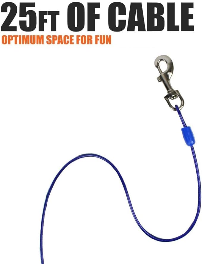 BV Dog Tie Out Cable 25 Feet - Heavy Duty Dog Lead Up to 60 Pounds - Reflective & Rust-Free with Quick Release Swivel Clips & 360° Rotating Clasp - Tangle-Free Dogs Runner for Yard (Blue, Pair)-PawvioPets