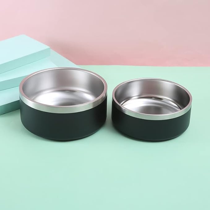 64 oz Black Anti-Skid Dog Bowl, Vacuum Insulated, Powder Coated, Stainless Steel, Non-Slip, Easy to Clean-PawvioPets