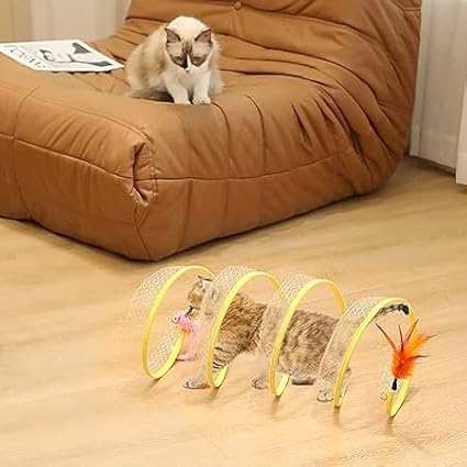 2Pcs Folded Cat Tunnel Toy for Indoor Cats,Collapsible Pet Spring Cat Toys with Feather Mouse Upgrade Interactive Toy Playing Tent for Puppy Kitten Accessories Home Self-Happy Cat Toys (Yellow)-PawvioPets