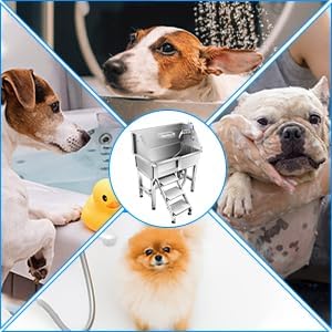 34'' Dog Washing Station for Small Dogs Grooming Tub Bathing Station Professional Pet Wash Station Bathtub for Home with Sliding Door, Faucet, Steps-PawvioPets