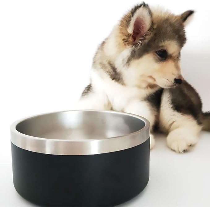 64 oz Black Anti-Skid Dog Bowl, Vacuum Insulated, Powder Coated, Stainless Steel, Non-Slip, Easy to Clean-PawvioPets