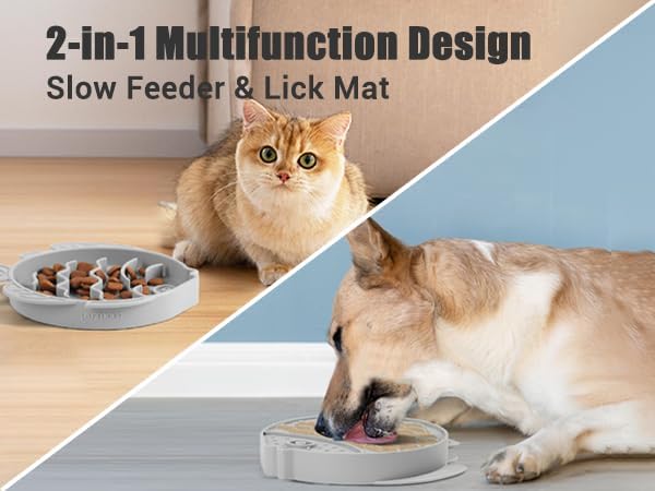 Coomazy 2-in-1 Silicone Slow Feeder Dog Cat Bowls, Interactive Puzzle Toy for Pets Dry/Wet Food Training, Keeps Dogs Cats Busy, Prevents Puppy Kitty Overeating (Smoky Gray, 1.2 Cup)-PawvioPets